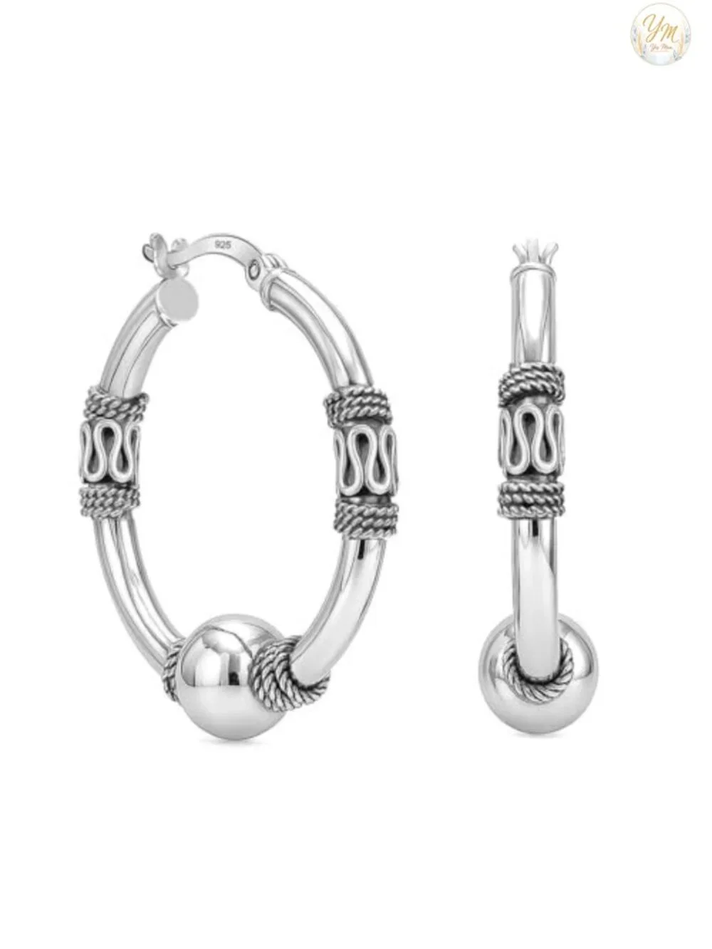 925 Sterling Silver Bali Hoop Earrings Women Antique Balinese Beaded Click-Top